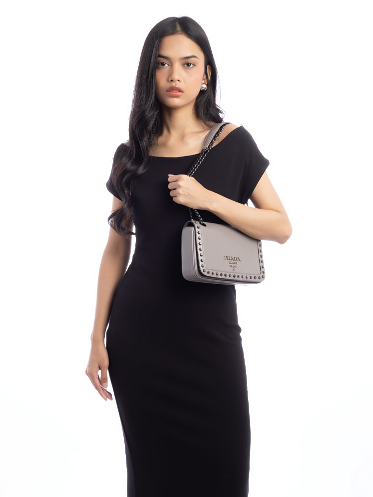 1BD147 Glace Calfskin Studded Crossbody Argilla