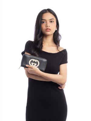 Calfskin Basket Zip Wallet Black Mystic White