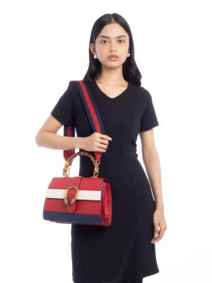 Bamboo Web Dionysus Medium Top Handle Bag Hibiscus Red White Blue