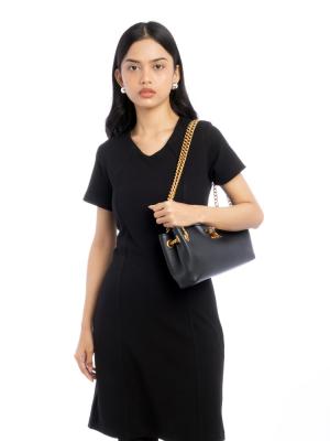 Supple Grained Calfskin Newspaper Medium Shoulder Bag Black