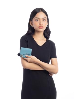 Goatskin Saddle Lotus Compact Trifold Wallet Blue