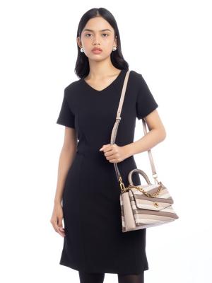 Kira Chevron Colorblock Top Handle Satchel Bag Beige