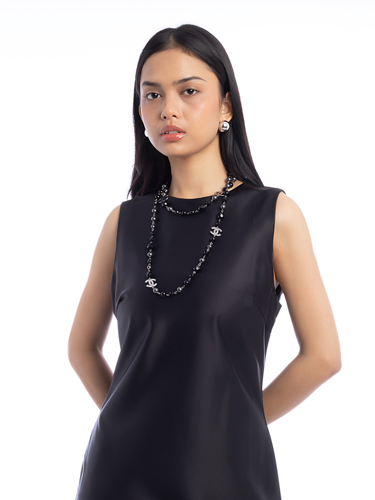 Ruthenium Pearl Beaded CC Long Necklace Black