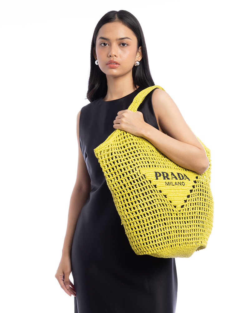 Raffia Effect Crochet Logo Embroidered Tote Cedro