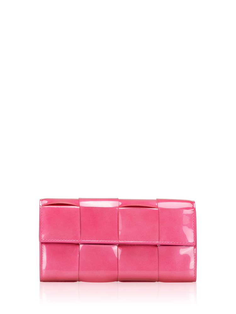 Patent Maxi Intrecciato Cassette Flap Wallet Azalea Silver