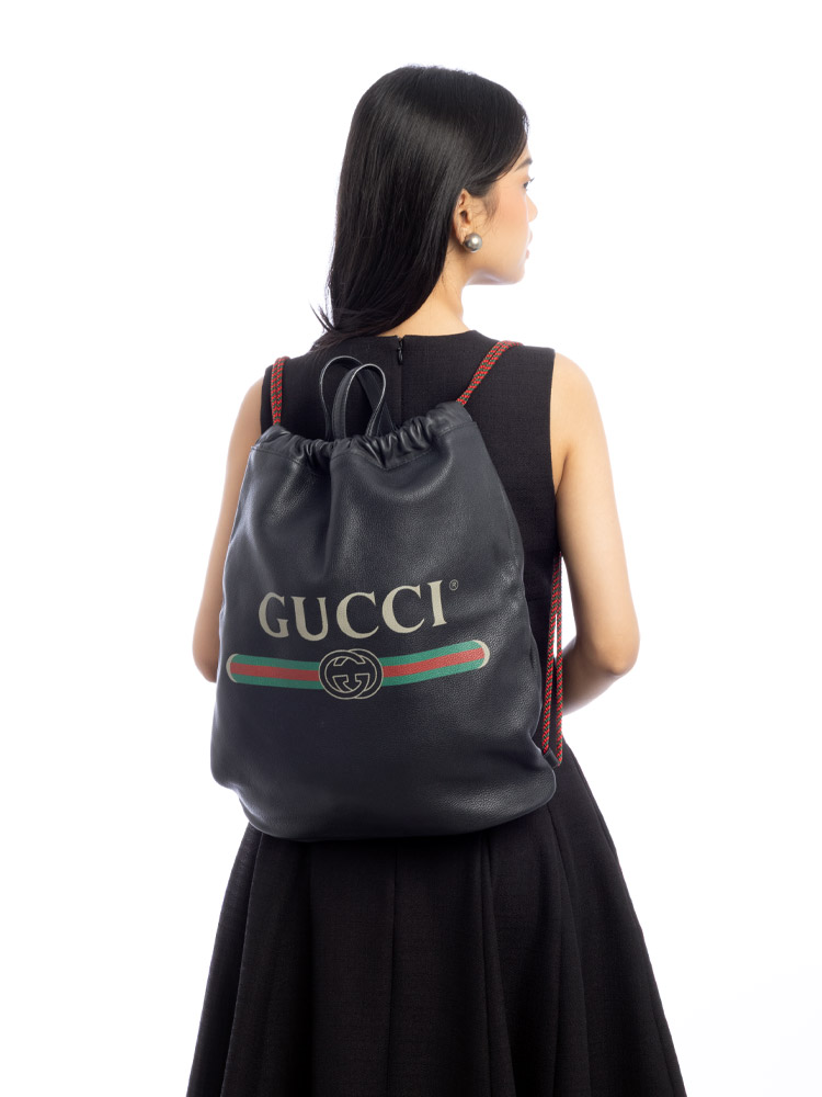 Grained Calfskin Logo Drawstring Backpack Black