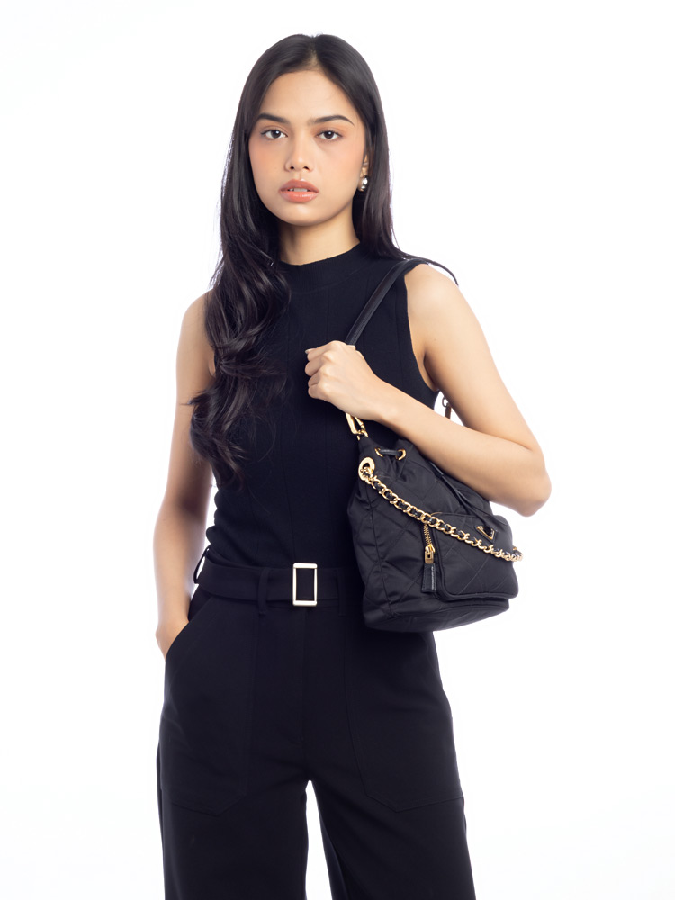 Re-Nylon Saffiano Stitched Re-Edition 1995 Chaine Bucket Bag Nero