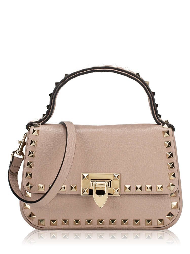 Grainy Calfskin Rockstud Small Top Handle Bag Poudre