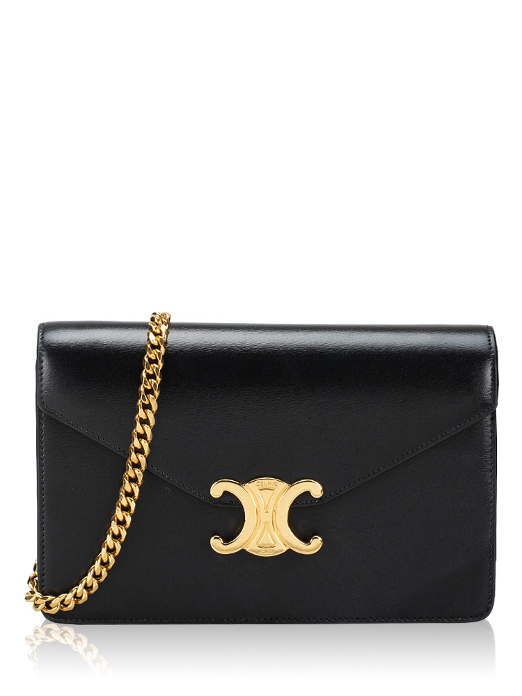 Shiny Calfskin Triomphe Margo Chain Wallet Black