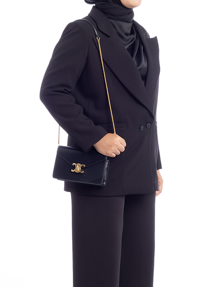 Shiny Calfskin Triomphe Margo Chain Wallet Black