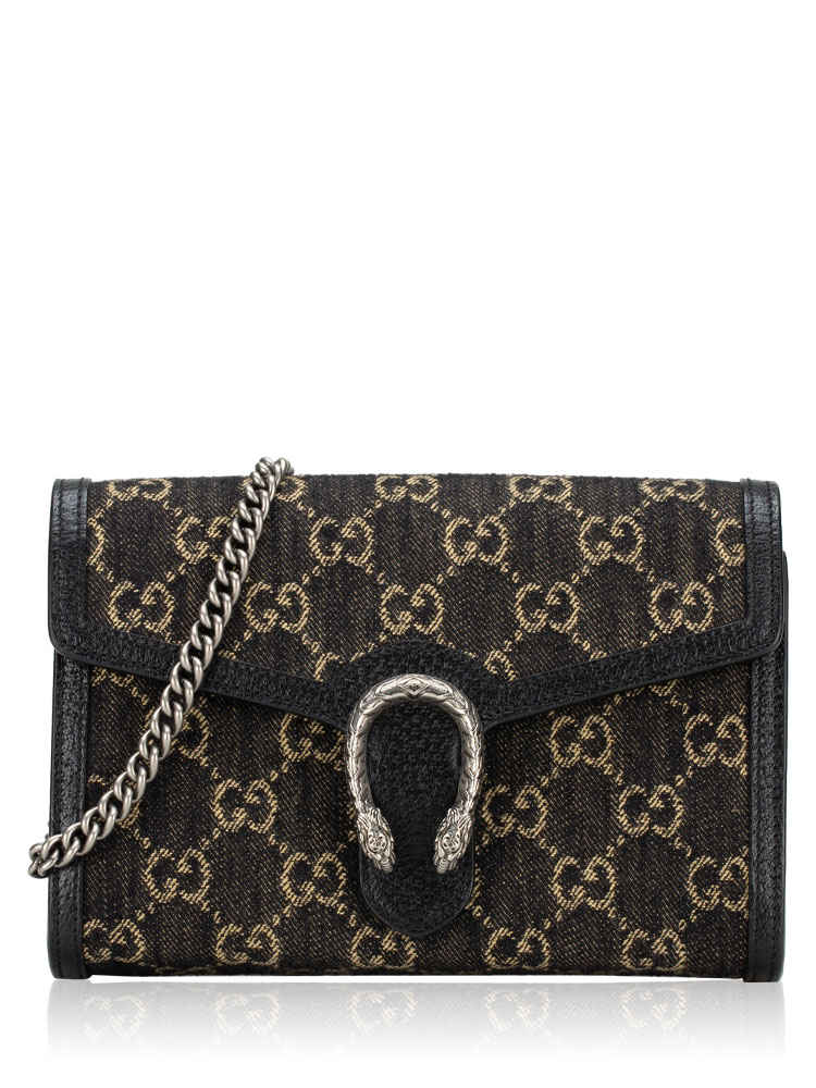 Jacquard GG Denim Dionysus Mini Chain Wallet Black