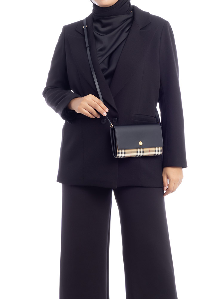 Calfskin Vintage Check Hannah Wallet on Strap Black