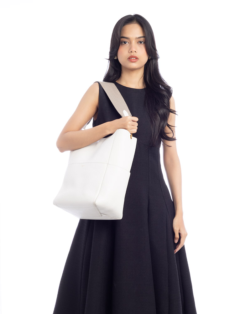 Soft Grained Calfskin Sangle Bucket Bag White