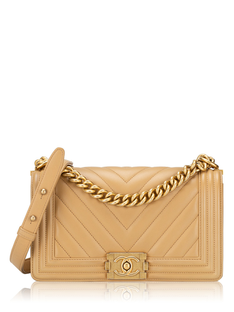 Calfskin Chevron Boy Medium Flap Bag Beige