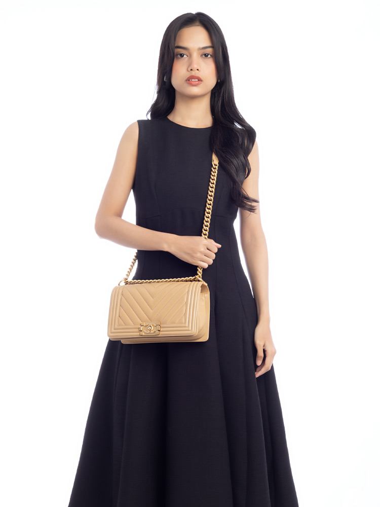 Calfskin Chevron Boy Medium Flap Bag Beige