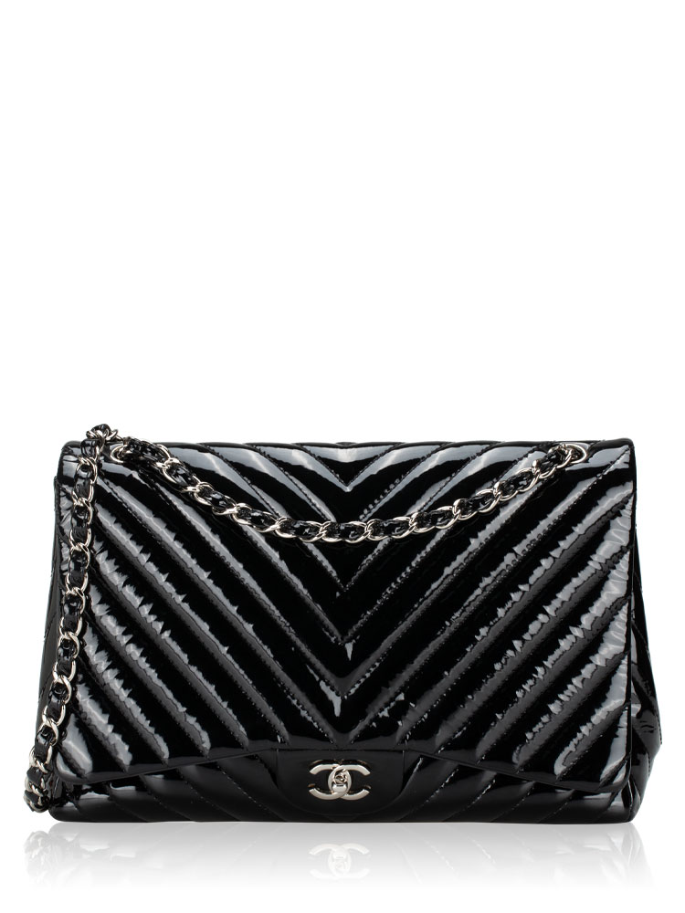 Patent Chevron Maxi Classic Single Flap Bag Black