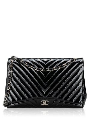 Patent Chevron Maxi Classic Single Flap Bag Black