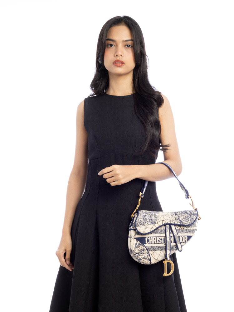 Toile Embroidered Around the World Saddle Bag Blue