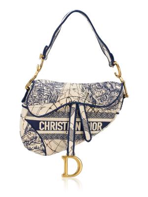 Toile Embroidered Around the World Saddle Bag Blue