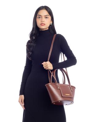 Weave Embossed Calfskin Le Petit Panier Soli Cuir Brown