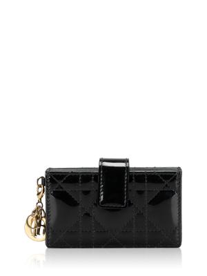 Patent Cannage Lady Dior Accordion Card Holder Black