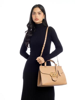 Calfskin GG Marmont Small Top Handle Bag Beige