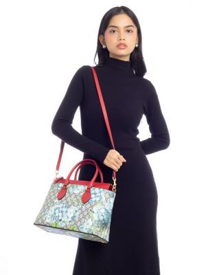 GG Supreme Blooms Small Tote Navy Hibiscus Red