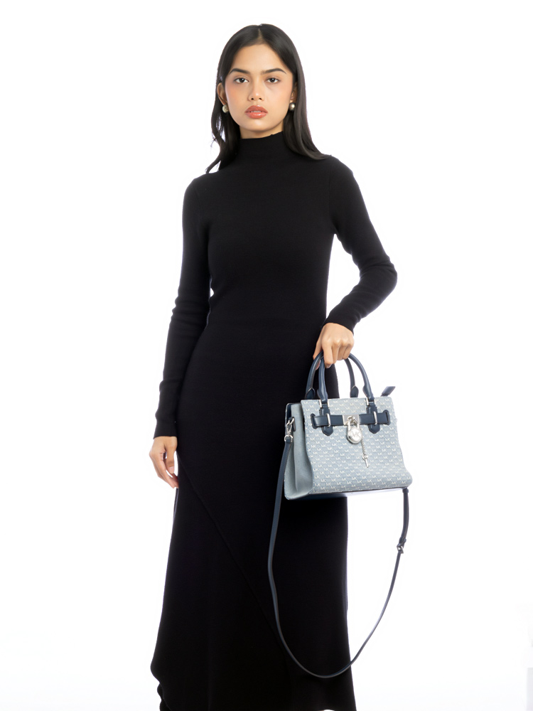 Signature Embossed Hamilton Small Satchel Washed Denim