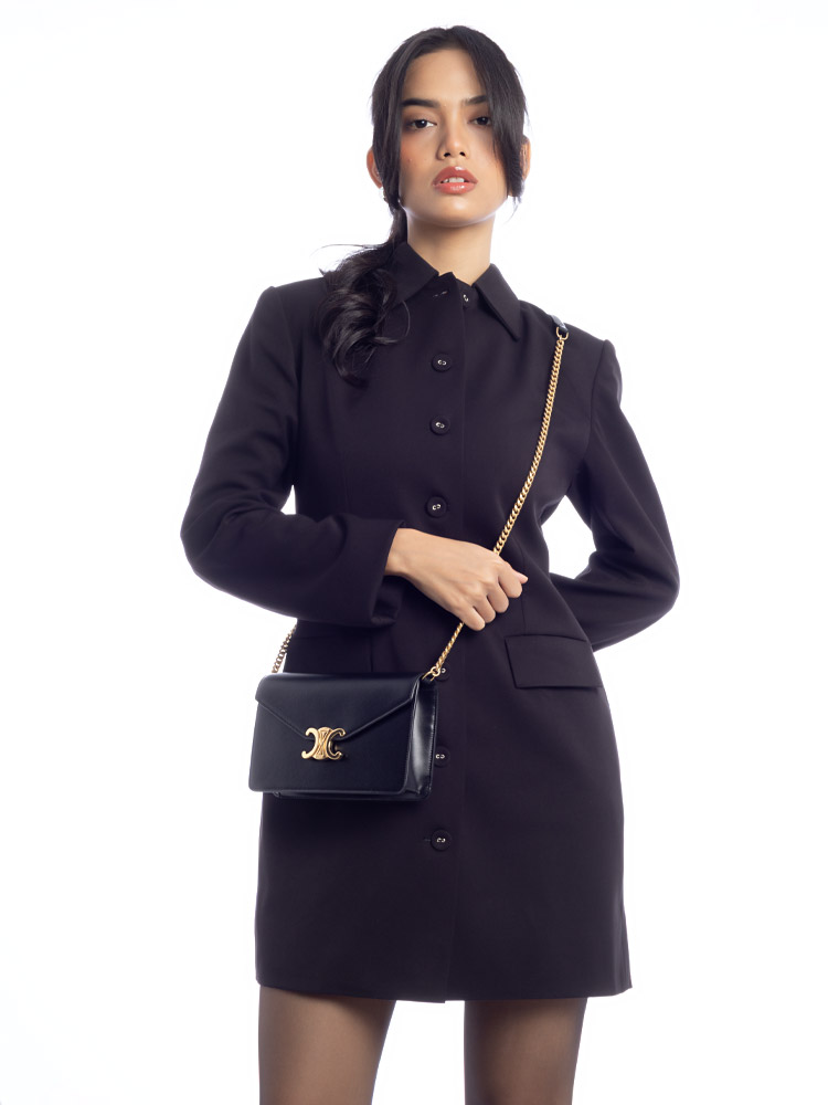 Shiny Calfskin Triomphe Margo Wallet on Chain Black