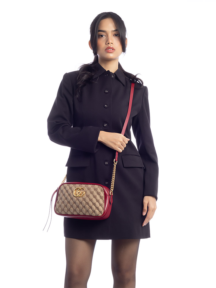 Canvas Matelasse GG Marmont Small Camera Bag Beige Ebony Cherry Red