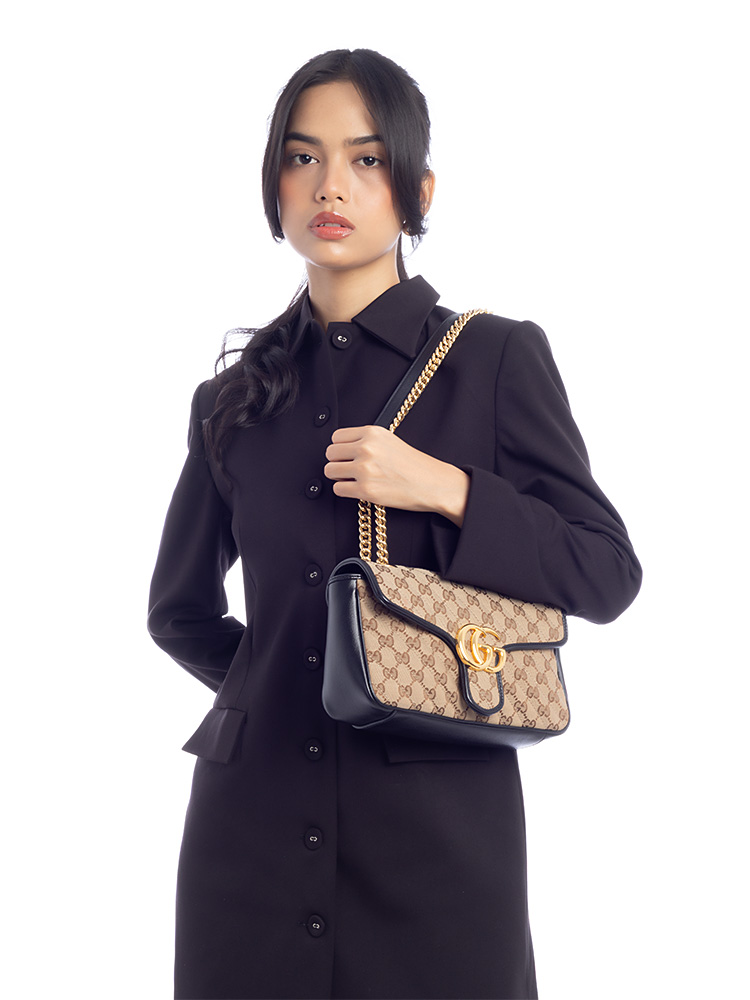 Canvas Matelasse GG Marmont Small Flap Shoulder Bag Beige Black