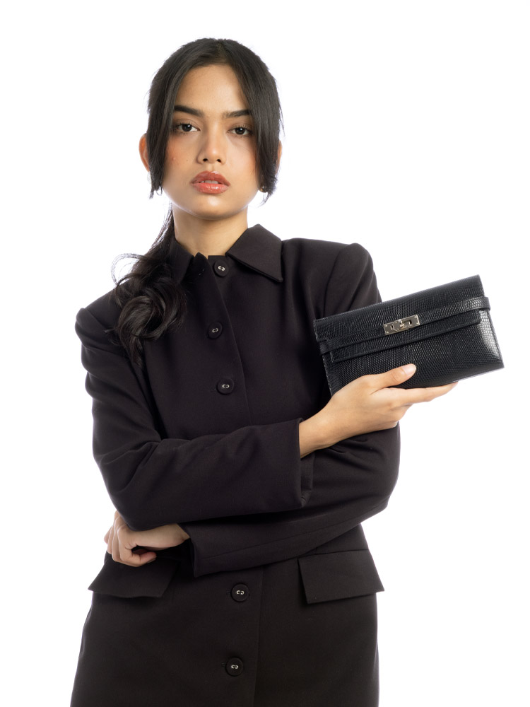 Varanus Niloticus Lizard Kelly Long Wallet Noir