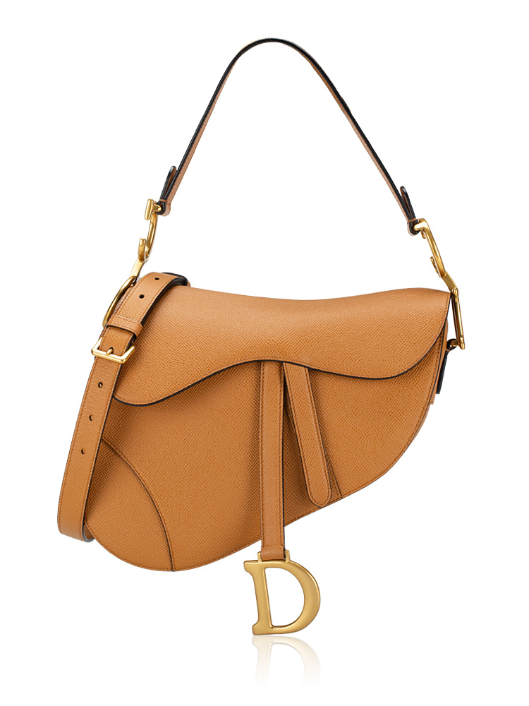 Grained Calfskin Medium Saddle Bag with Strap Camello