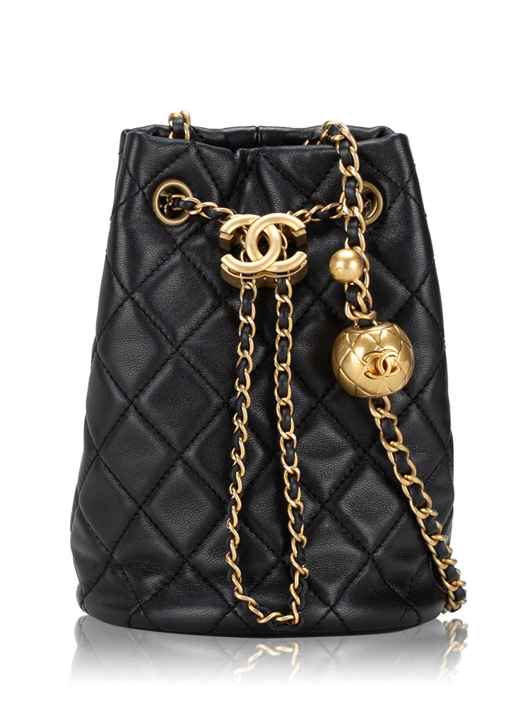 Lambskin Pearl Crush Drawstring Bucket Bag Black