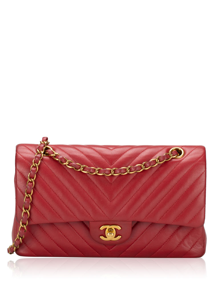 Lambskin Chevron Medium Double Flap Bag Red