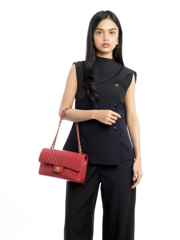 Lambskin Chevron Medium Double Flap Bag Red