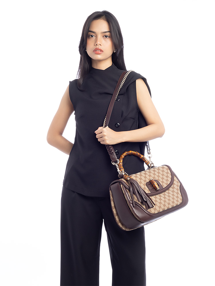 GG New Bamboo Large Top Handle Bag Beige Ebony