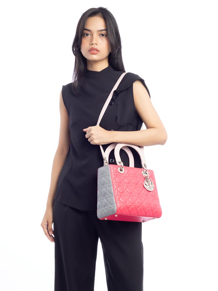 Lambskin Cannage Tri-Color Medium Lady Dior Fuchsia