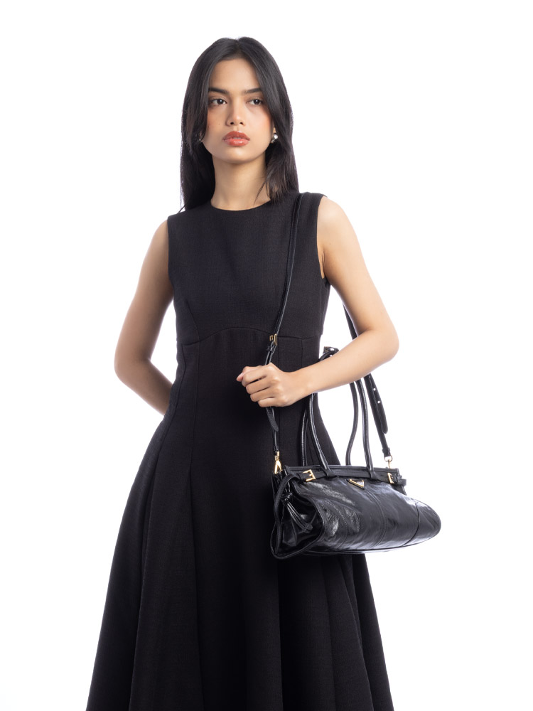 Glossy Calfskin Medium Bonnie Shoulder Bag Black