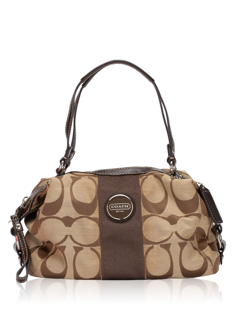 F15518 Signature Stripe Convertible Satchel Silver Khaki Mahogany