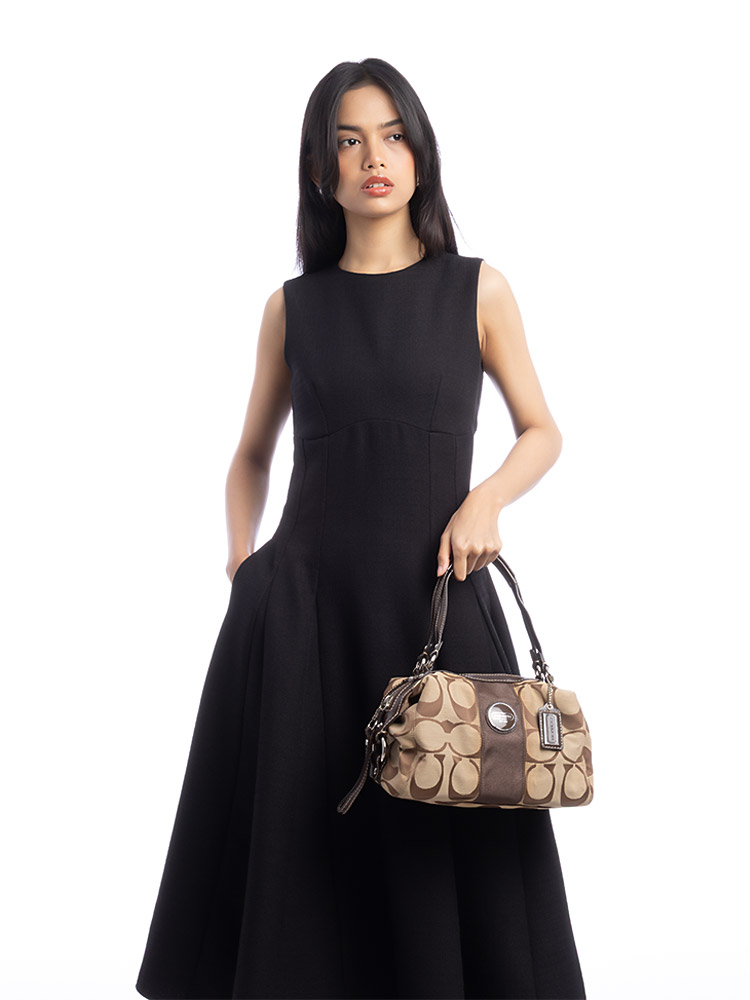 F15518 Signature Stripe Convertible Satchel Silver Khaki Mahogany