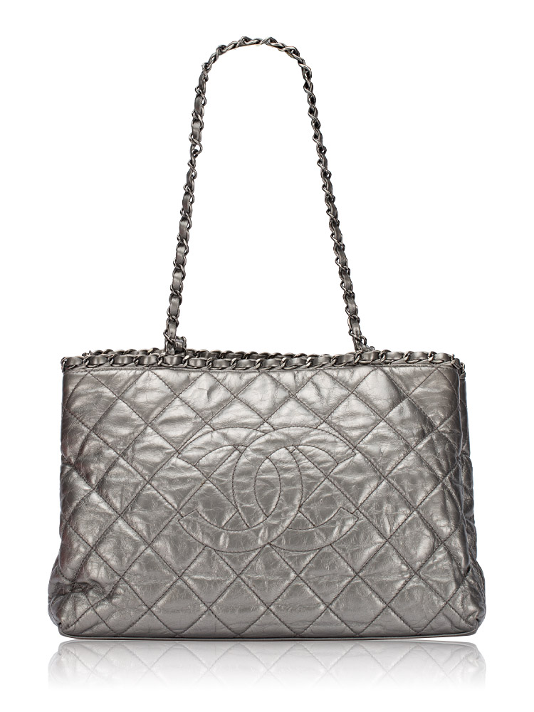 Metallic Aged Calfskin Small Chain Me Tote Silver