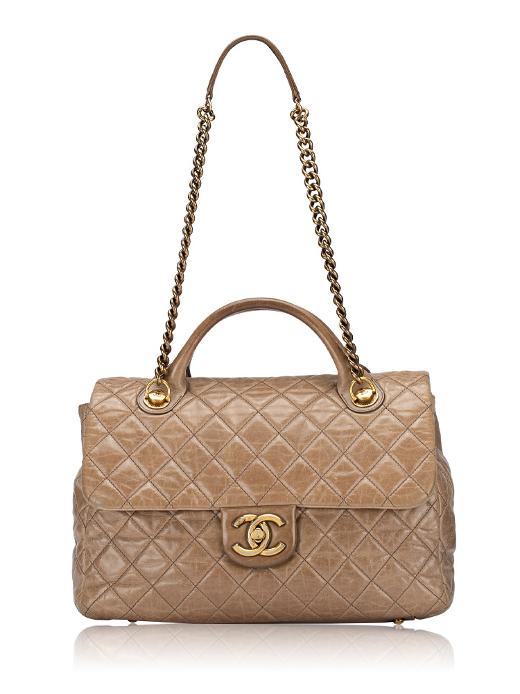 Glazed Calfskin Castle Rock Large Flap Bag Brown