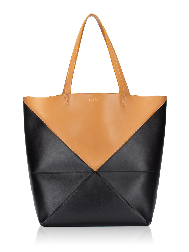 Shiny Calfskin XL Puzzle Fold Tote Warm Desert Black