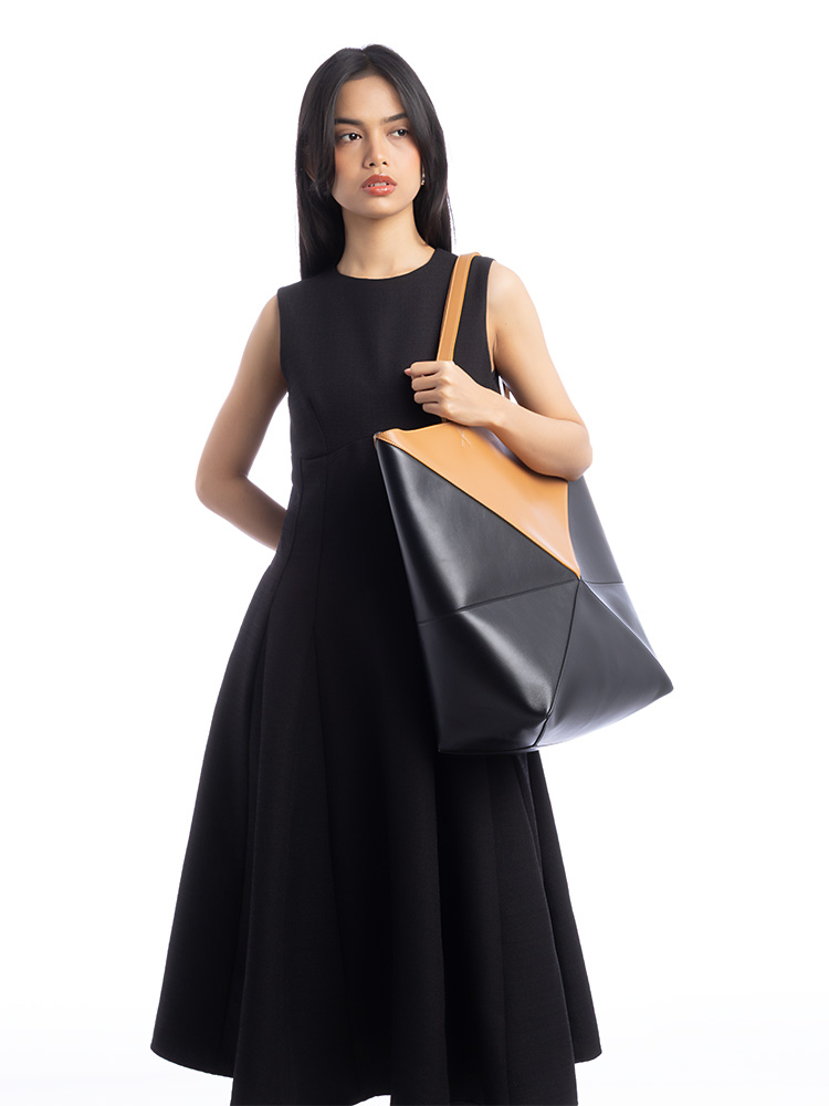 Shiny Calfskin XL Puzzle Fold Tote Warm Desert Black