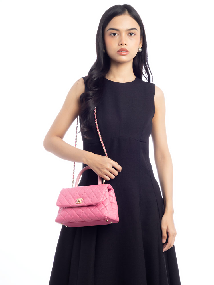 Caviar Small Coco Handle Flap Bag with Lizard Handle Pink