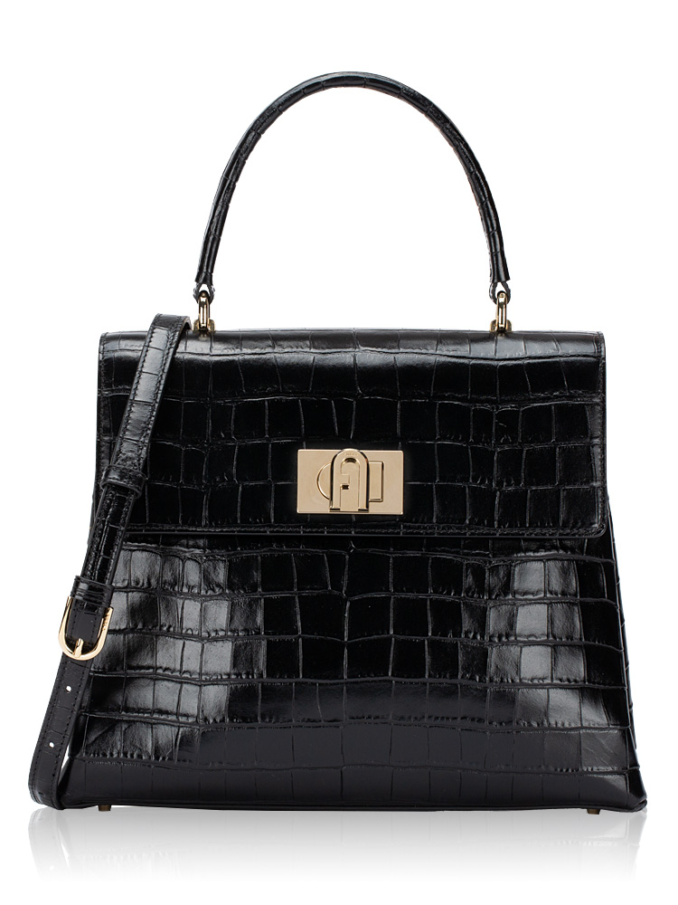 1927 Croco Embossed Leather Top Handle Bag Black