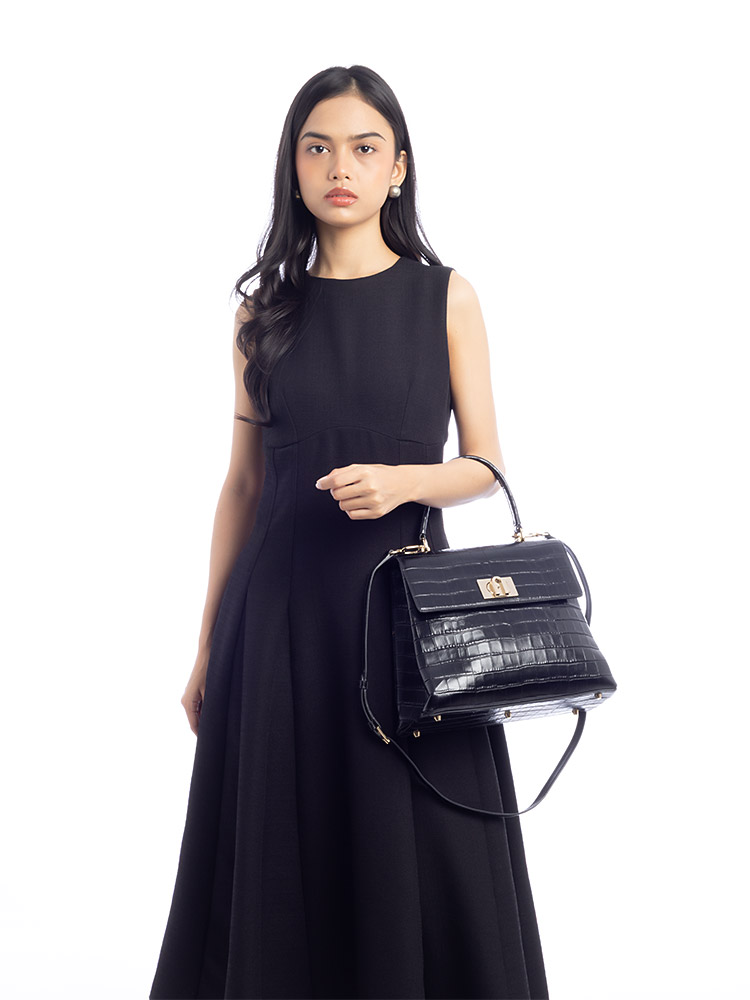 1927 Croco Embossed Leather Top Handle Bag Black