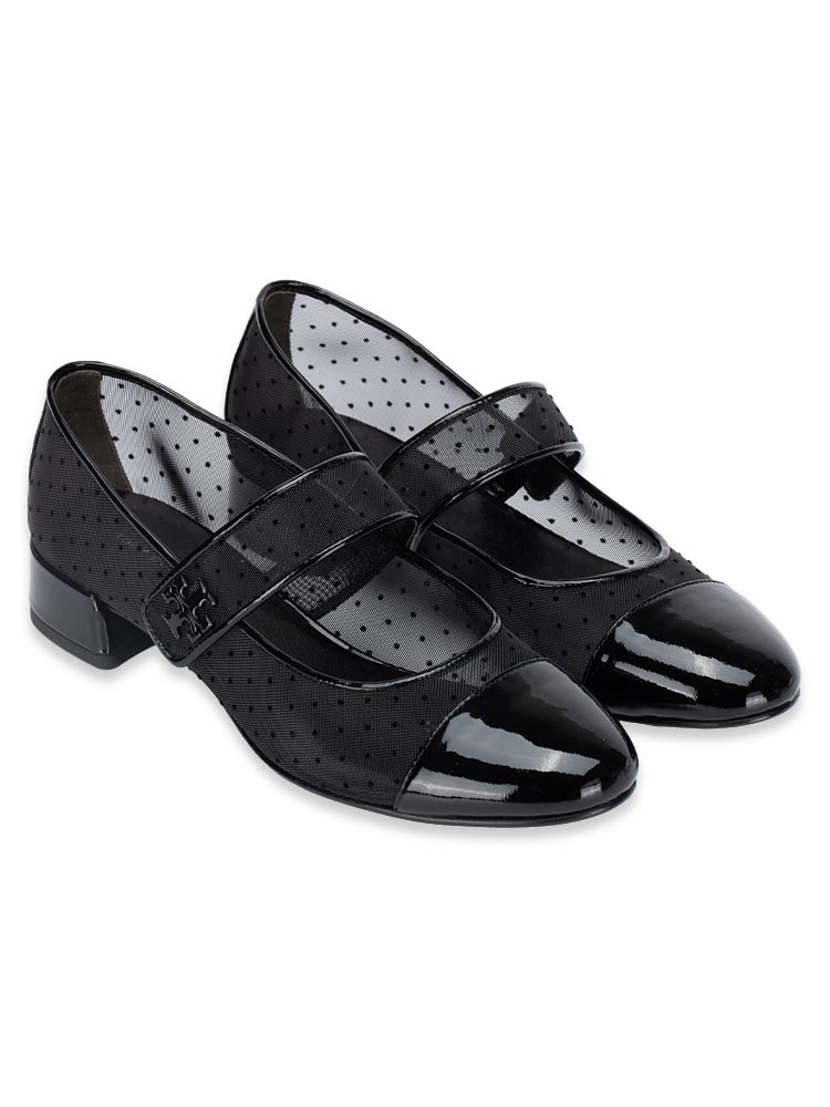Mary Jane Cap-Toe Polka Dot Mesh Heeled Ballet Perfect Black Sz 7.5