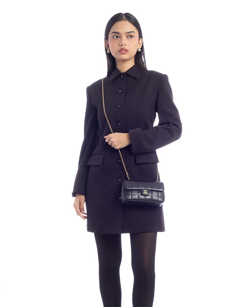 Lambskin Chocolate Bar Camellia Mini Flap Bag Black